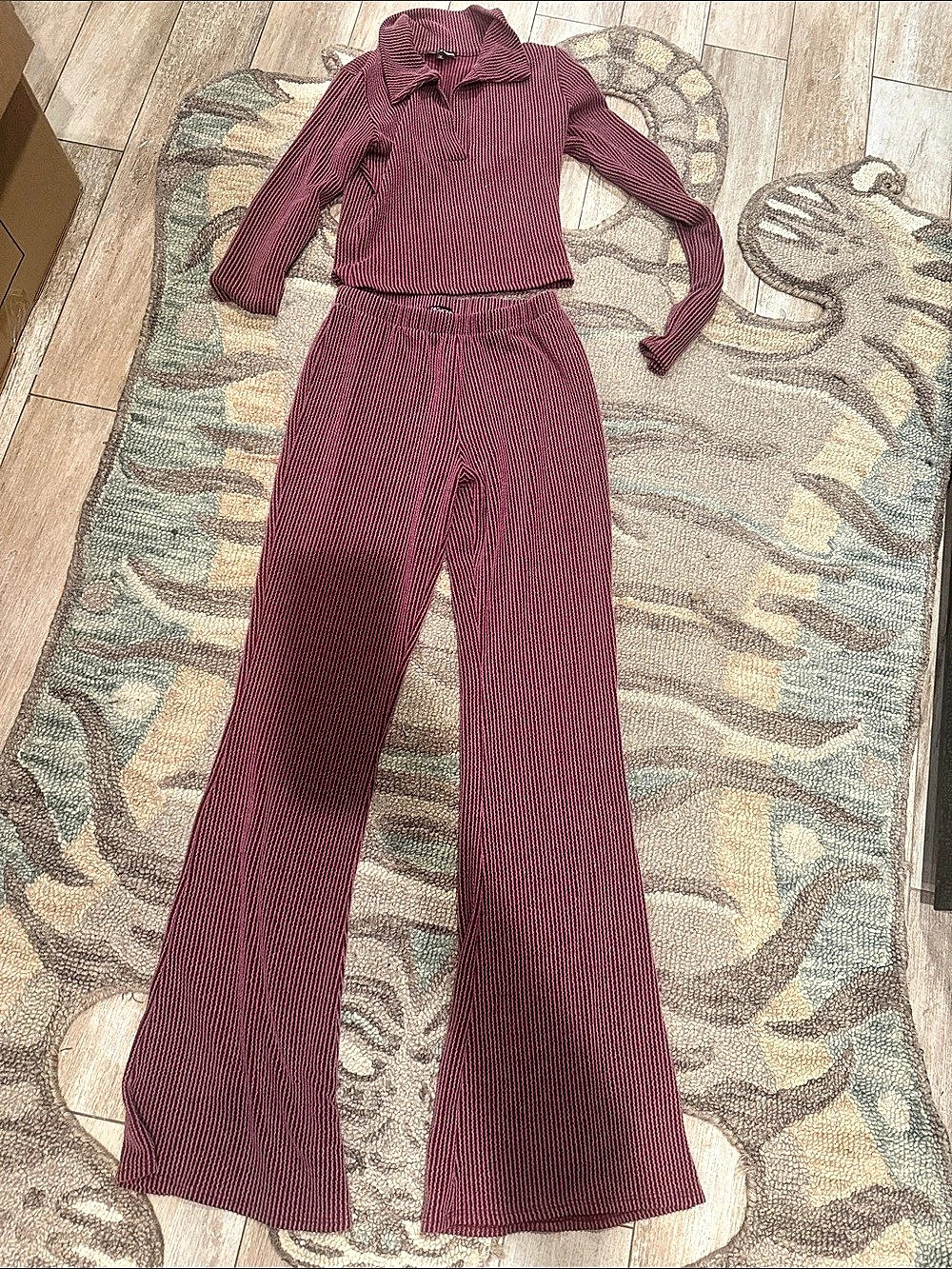 FASHION NOVA Josie Ribbed Long Sleeve Set Burgundy Small
